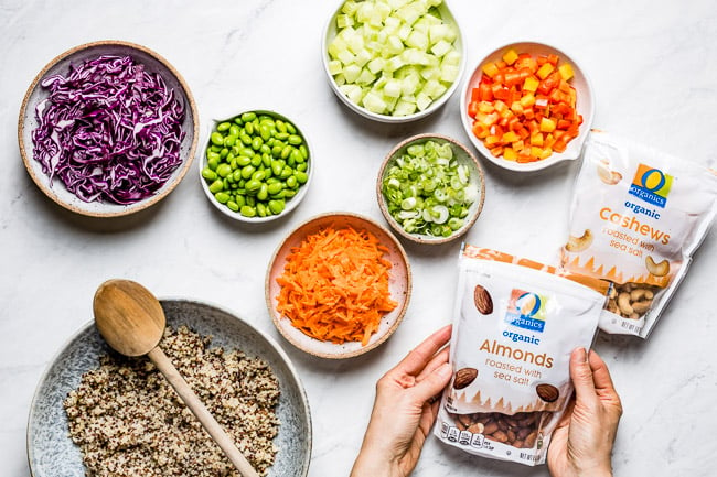 Ingredients for Thai Crunch salad on a marble backdrop