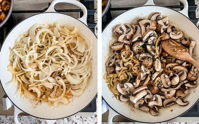 Onions and mushrooms are being cooked in a large pan