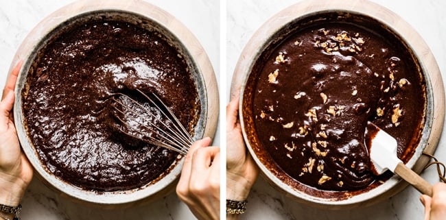 Gluten free chocolate brownies batter is being mixed by a woman