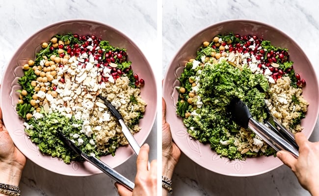 Person tossing kale and quinoa salad recipe in a bowl top view