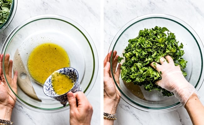 Person pouring lemon dressing into a bowl and massaging kale in it