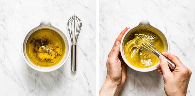 Person making quinoa salad dressing with lemon and olive oil