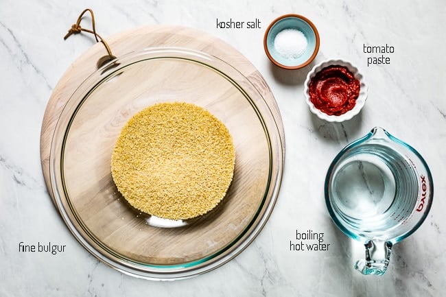 Fine bulgur and the rest of the ingredients to soak bulgur to make Mediterranean Parsley salad