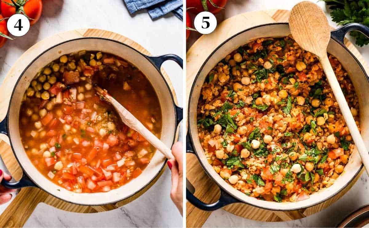 A collage of images showing bulgur wheat pilaf before and after it is cooked.