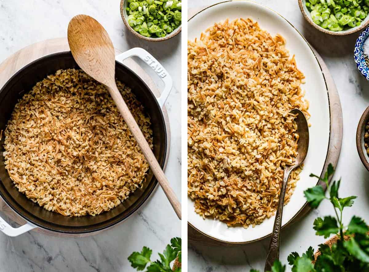 Bulgur wheat pilaf with vermicelli from the top view.