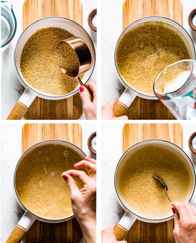 person showing how to cook bulgur wheat with step by step shots