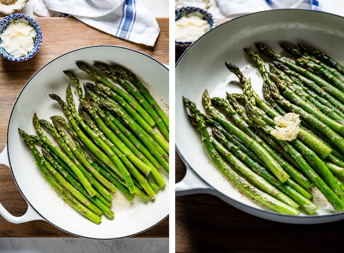 Showing how to sautee asparagus in a skillet