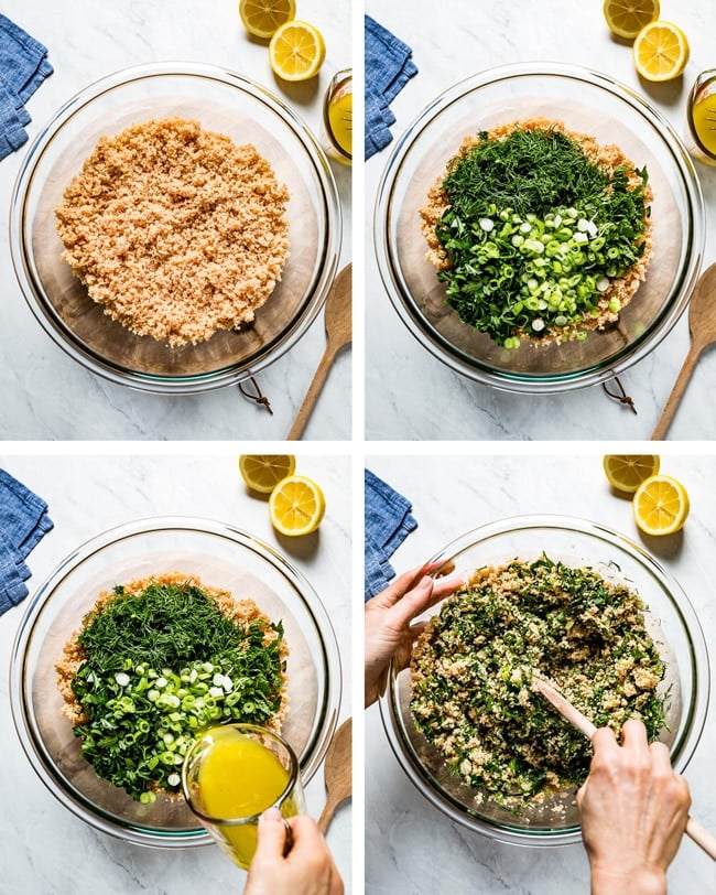 person showing how to make bulgur wheat salad with step by step photos