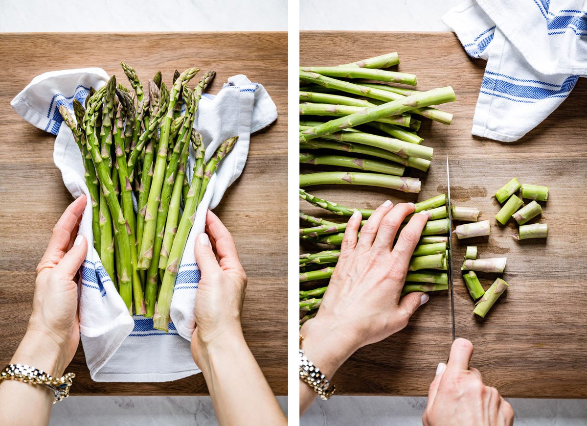 Person showing how to prepare asparagus by drying and trimming it