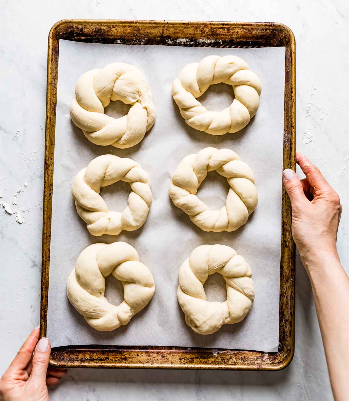 Shaped dough on a sheet pan