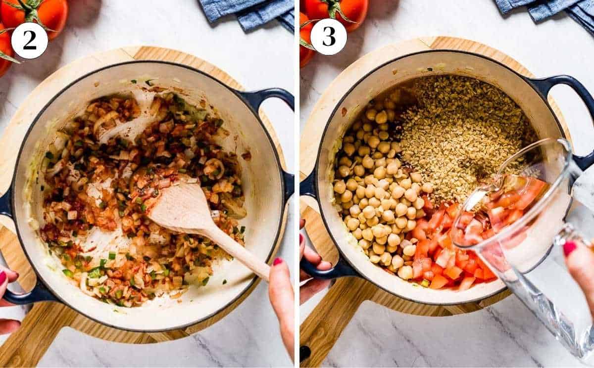 A collage of images showing how to make bulgur pilaf with tomatoes and chickpeas.
