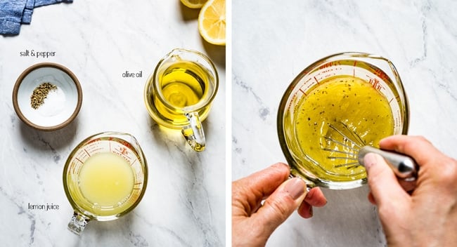 Person whisking tabouli dressing with lemon juice, olive oil, and salt and pepper