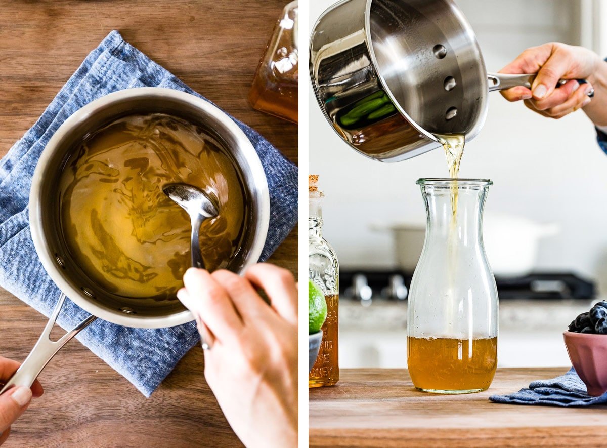 Person mixing liquid honey and placing it in a glass jar