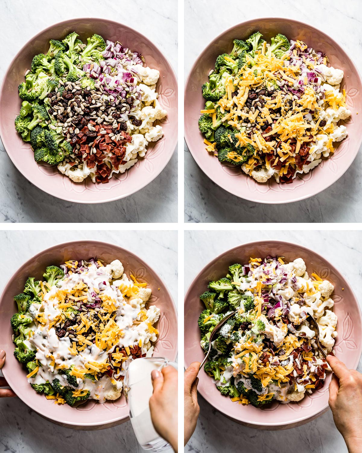 A person is assembling the salad in a large mixing bowl from the top view in a collage of images.