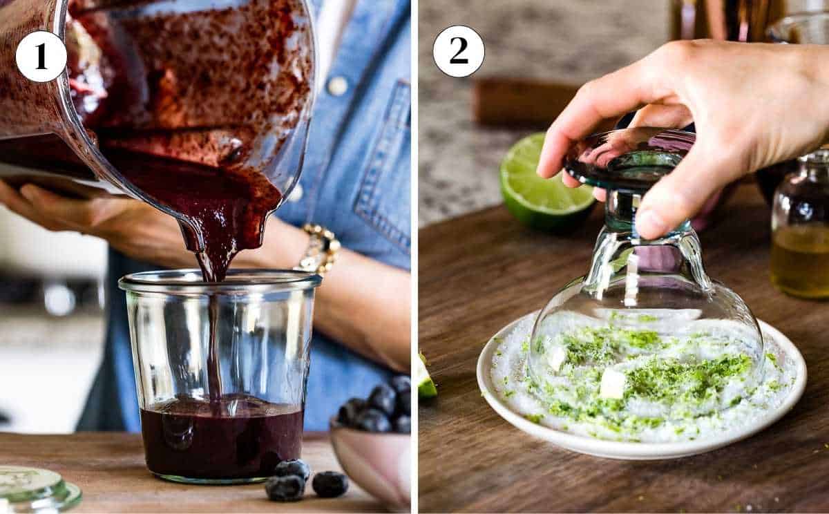 Collage of steps showing blueberry puree being poured into a measuring cup and a margarita glass rimmed with salt and lime zest.