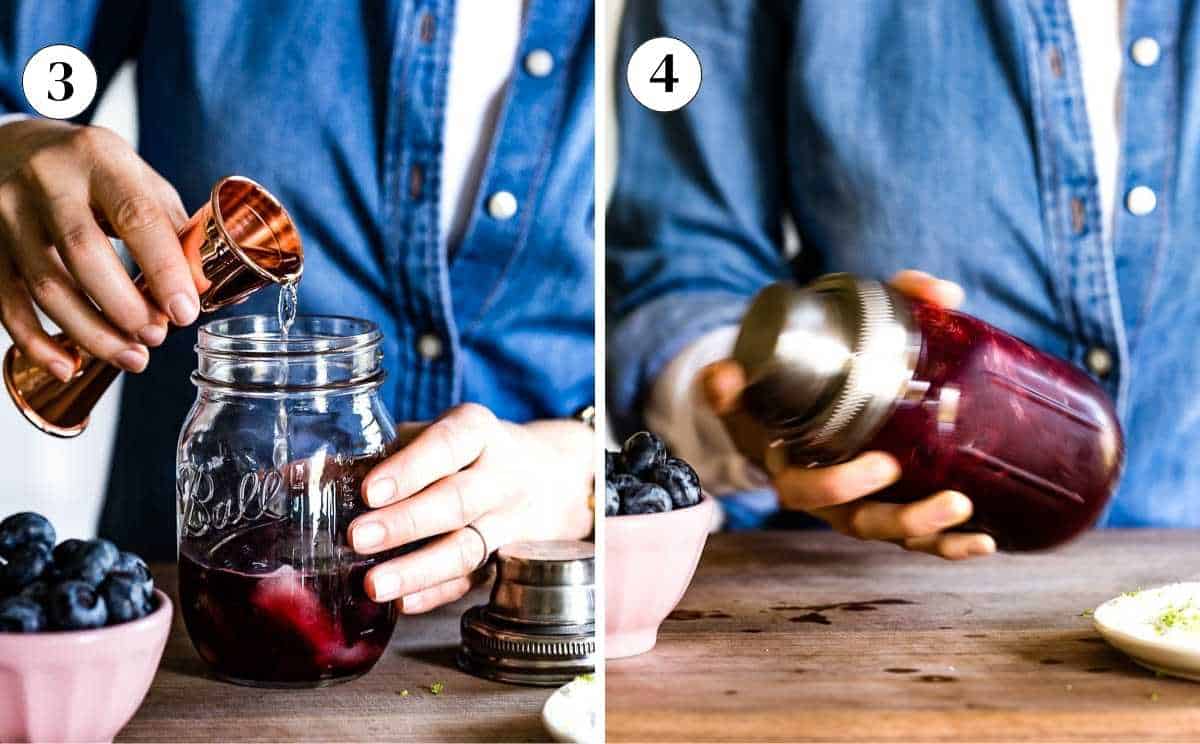 Step-by-step collage showing tequila being poured into a cocktail shaker and the shaker being vigorously shaken to mix the blueberry margarita.