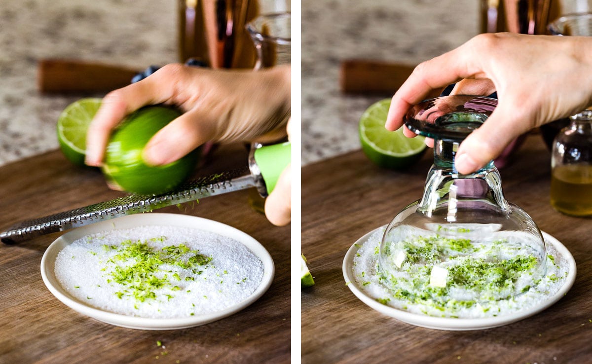 Person showing how to rim the glass with salt and lime zest