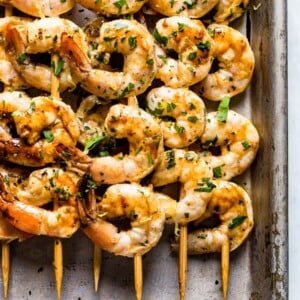 Grilled shrimp on wooden skewers