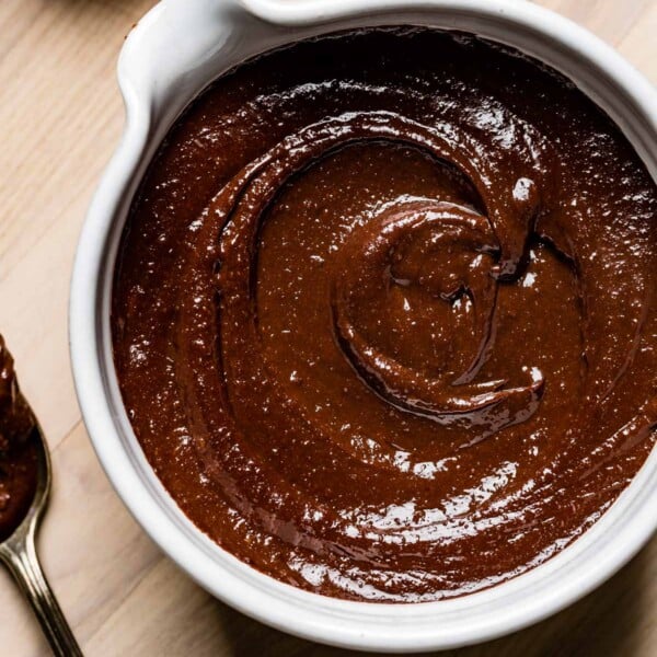 vegan chocolate frosting in a bowl from top view