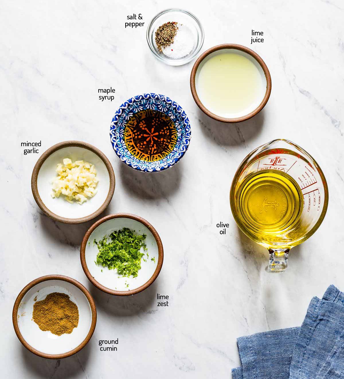 Ingredients for the quinoa salad dressing from top view