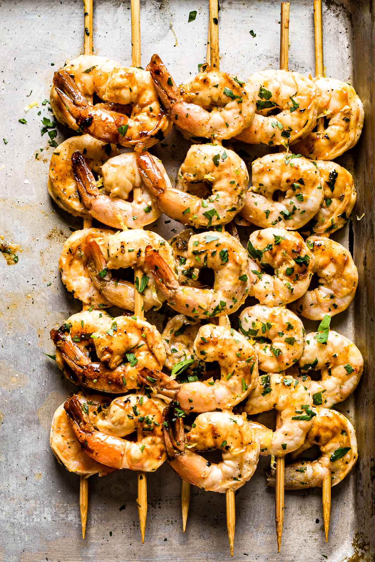 Marinated prawn on a baking sheet from the top view