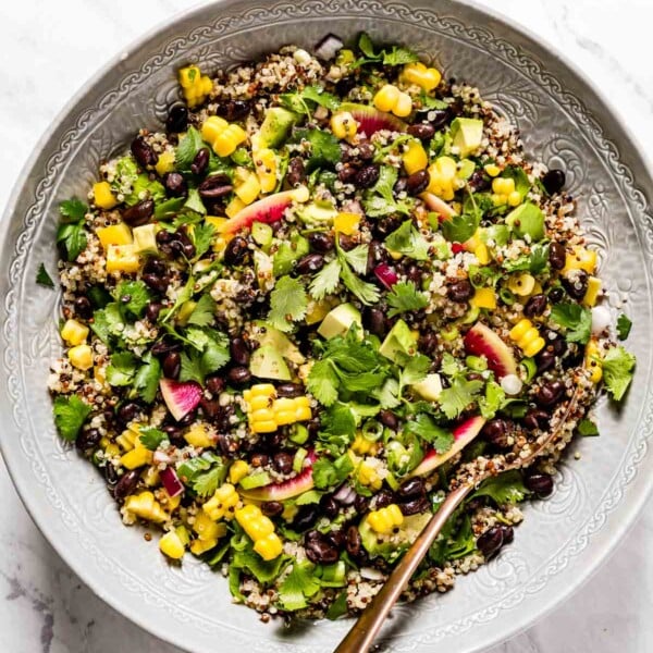 Quinoa Black Bean Salad in a bowl with a spoon