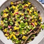 Quinoa Black Bean Salad in a bowl with a spoon on the side
