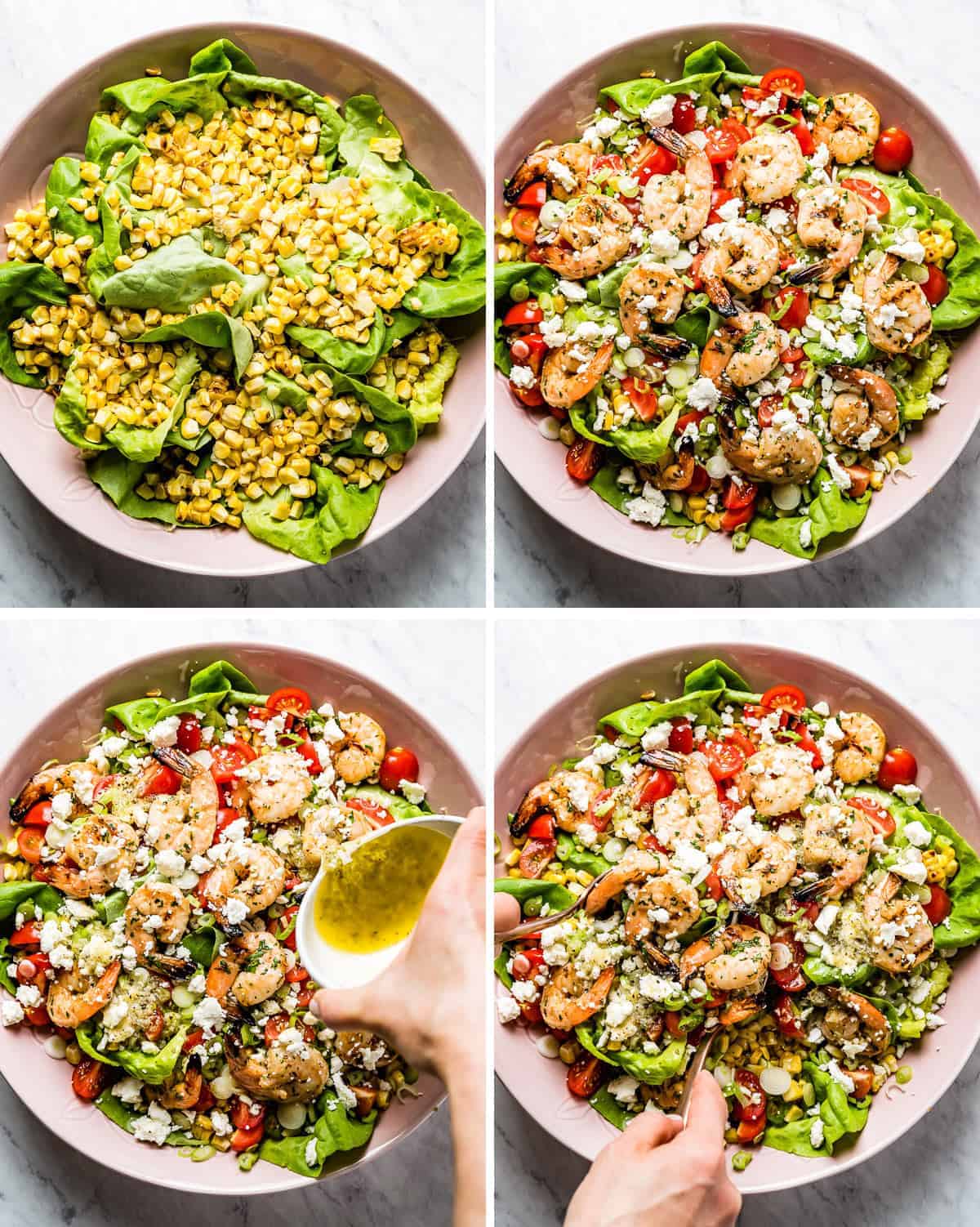 Four images showing the steps of assembling shrimp and corn salad recipe