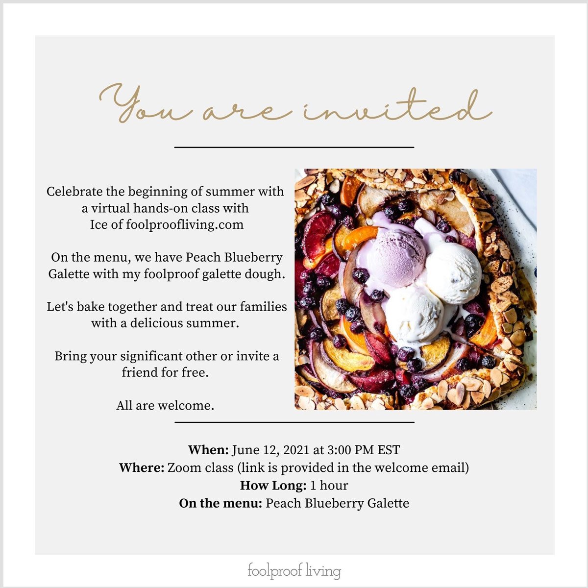 Invitation for the live baking class