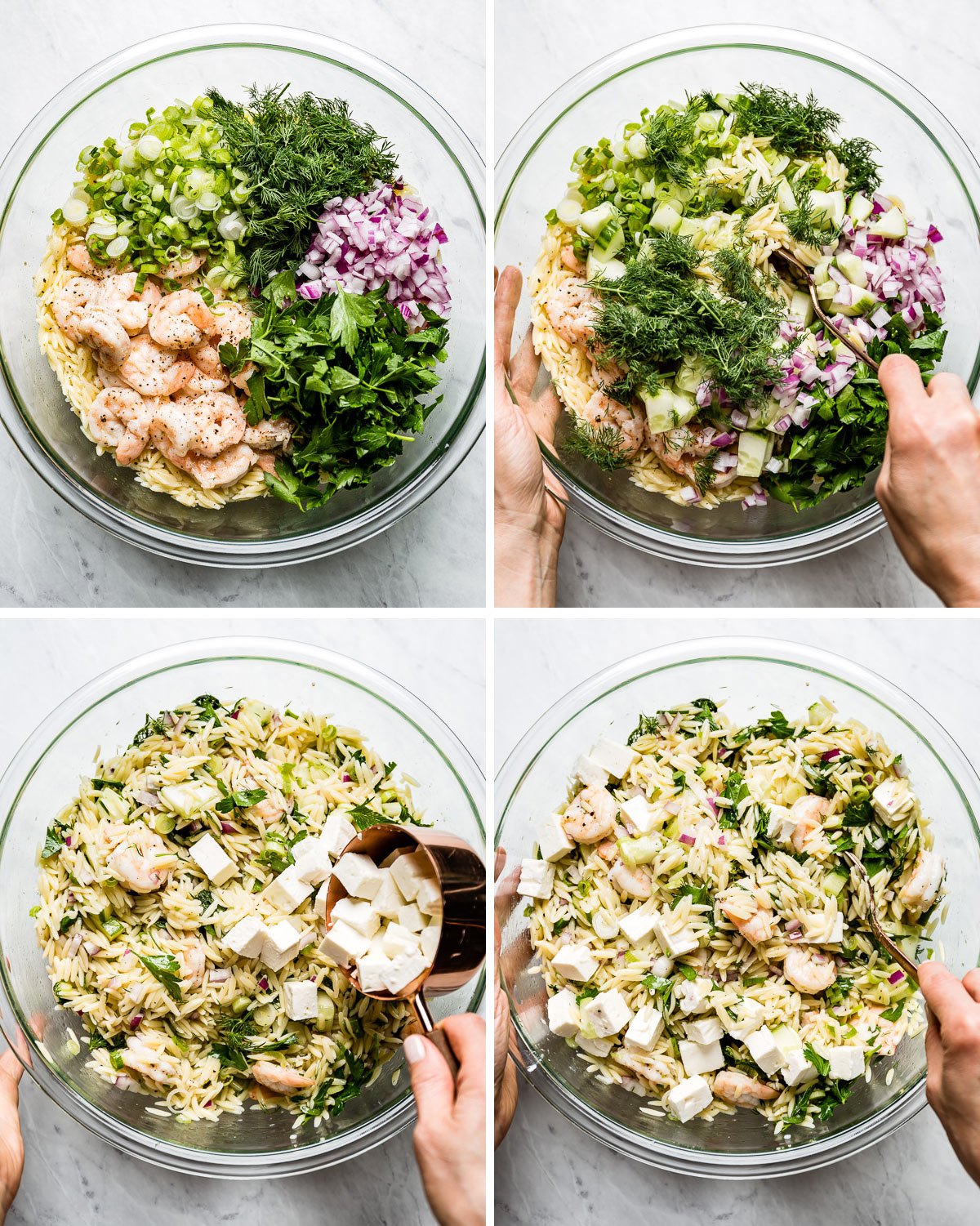 Four images showing how to assemble the shrimp and orzo salad