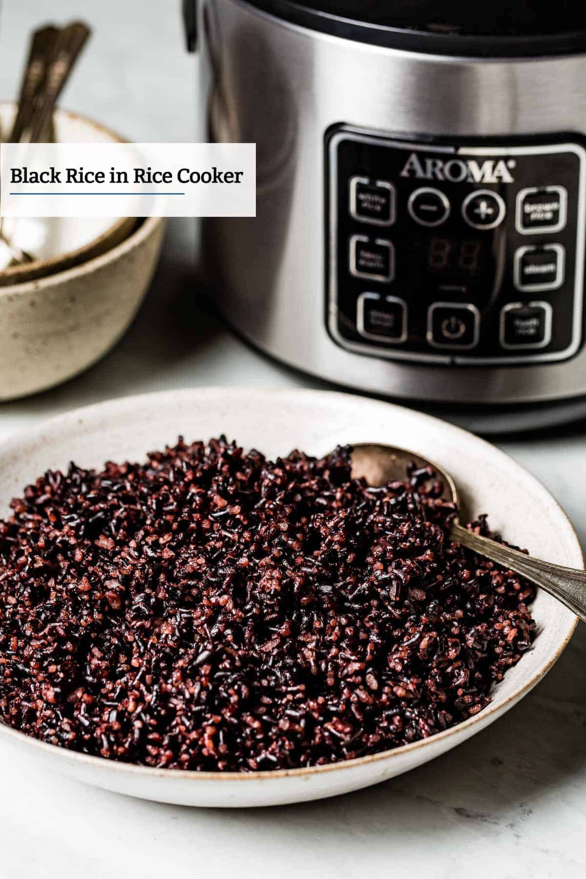 Cooked black rice in rice cooker in a plate with a spoon on the side