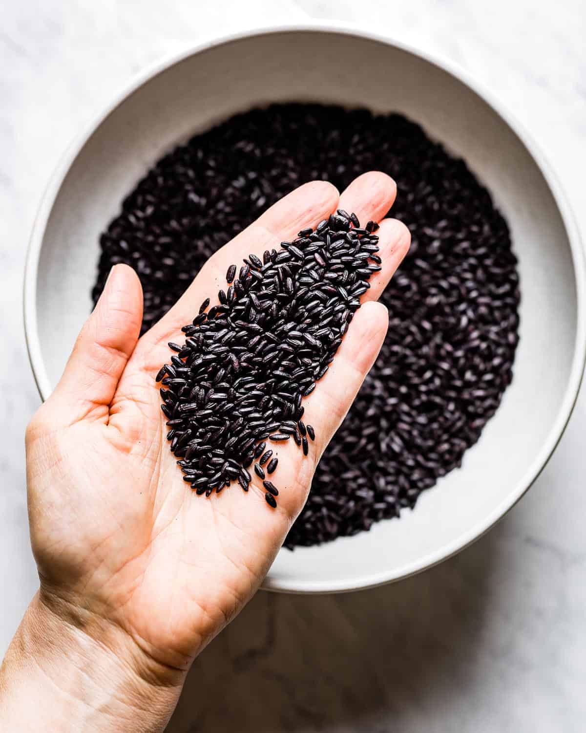 Person showing what black rice looks like in her hand