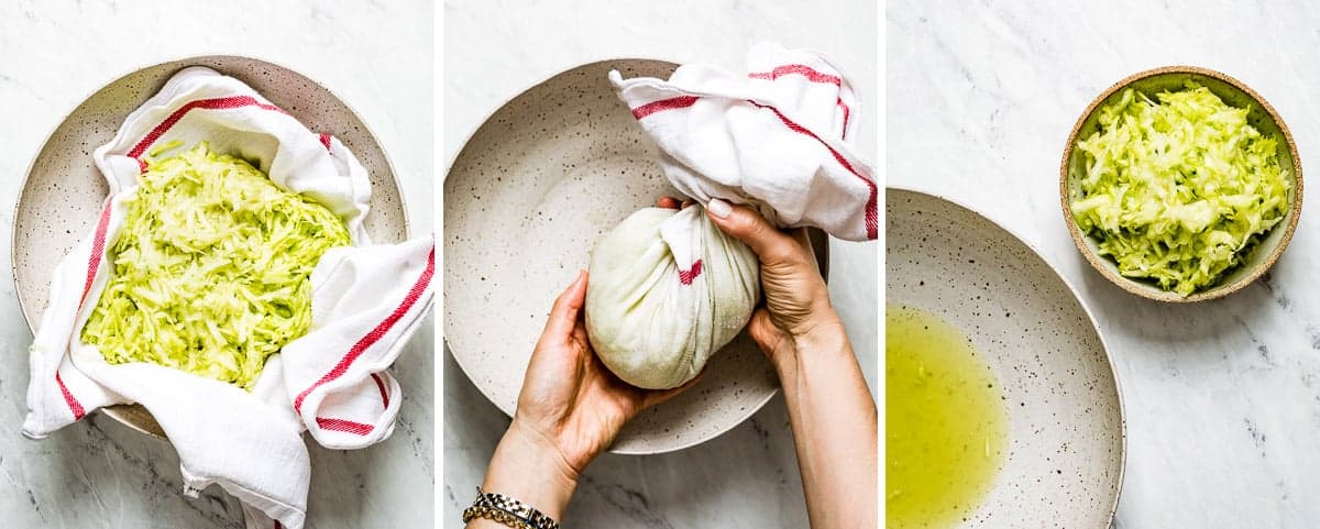 Photos showing how to remove excess water from zucchini