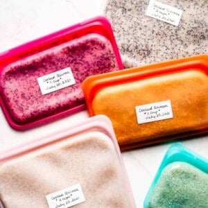 Frozen quinoa packets in different color reusable bags