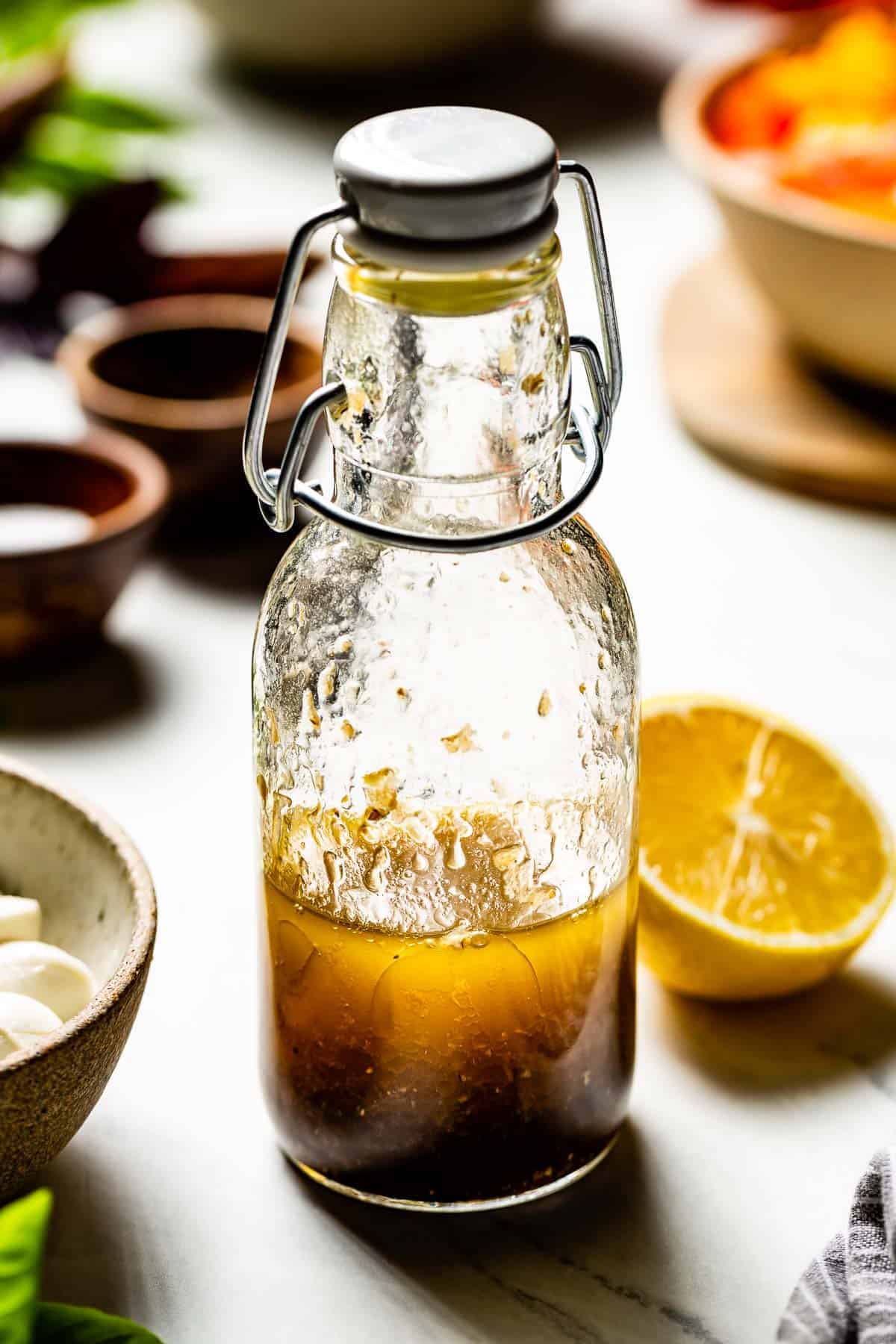 Lemon balsamic dressing in a bottle