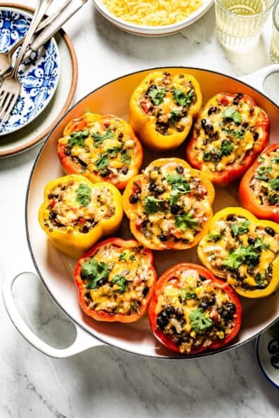 Mexican Stuffed Peppers in a white skillet from top view
