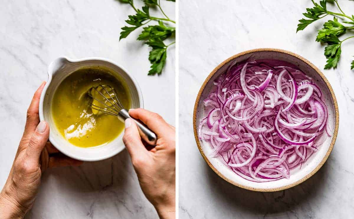 person whisking the dressing and red onions soaking in water