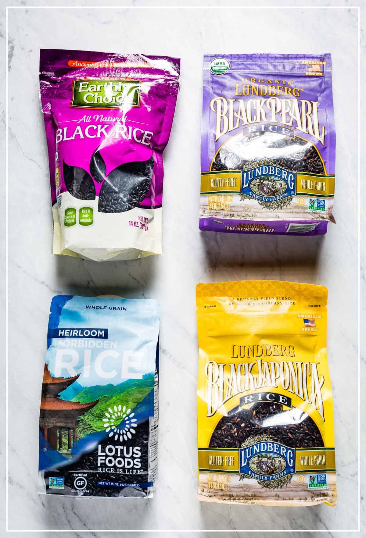 Popular black rice brands sold in the US in their packaging