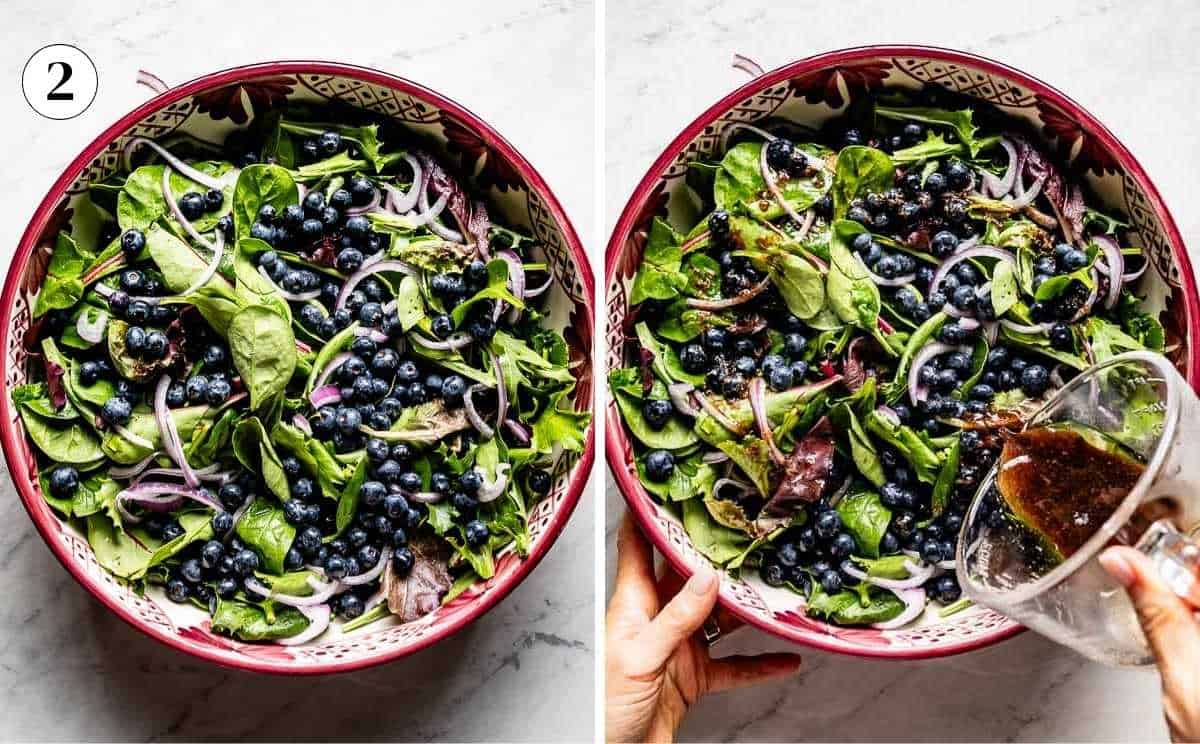 Two-panel step photo showing baby spinach, salad greens, red onion, and blueberries assembled in a large bowl, then balsamic lemon dressing being poured over the salad.