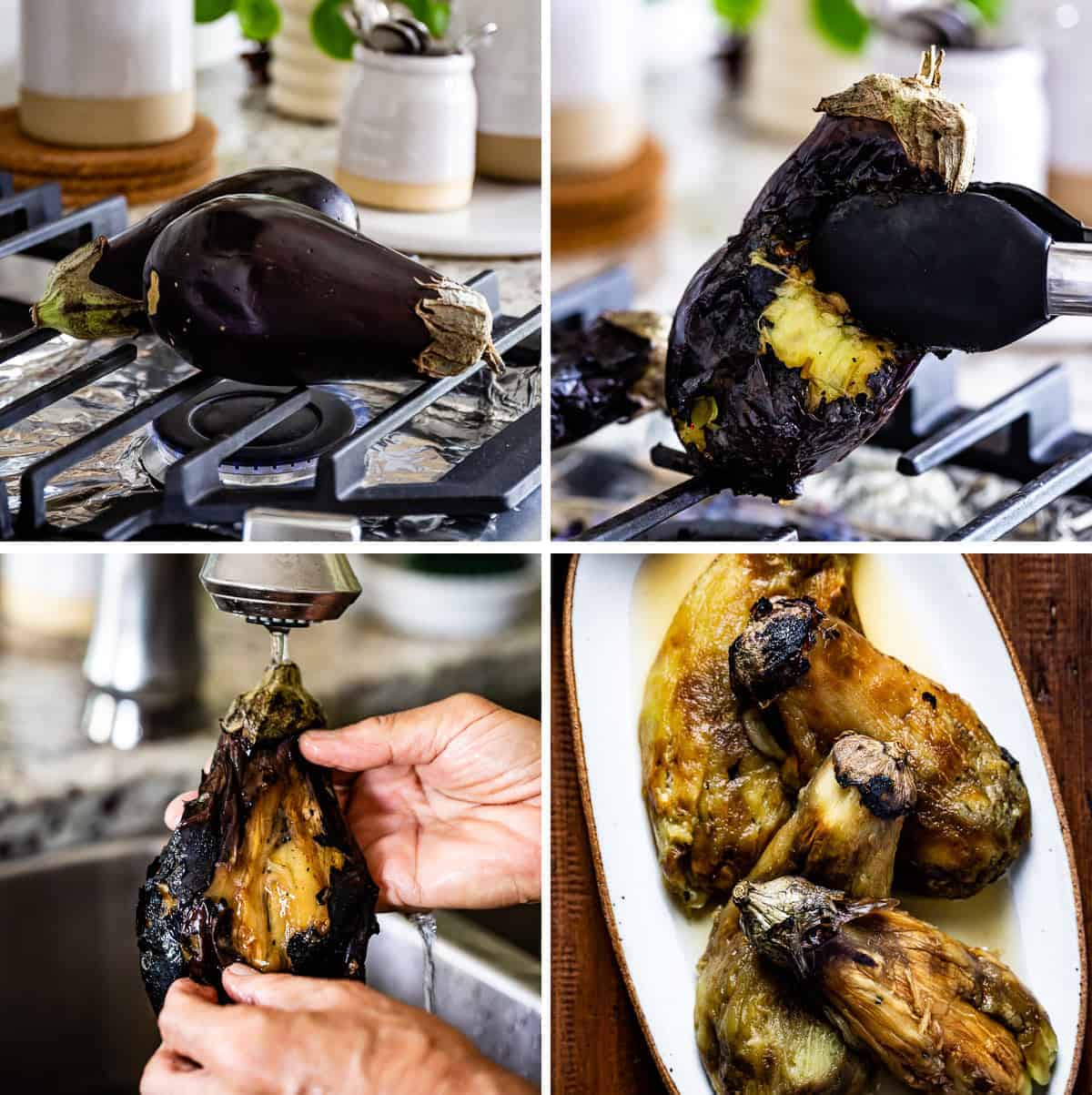 Photos showing how to roast brinjal on stove top