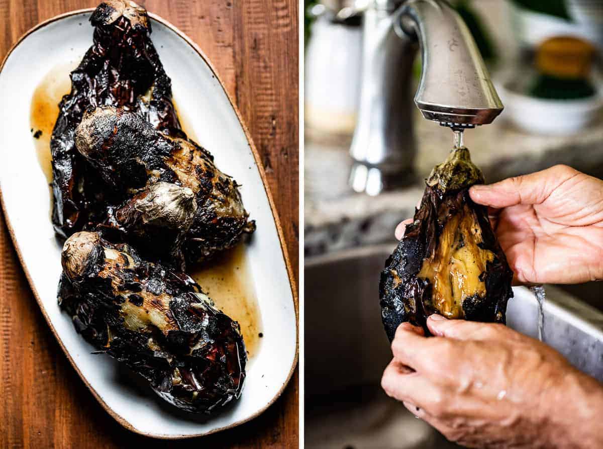 Person peeling fire roasted eggplants under cold water