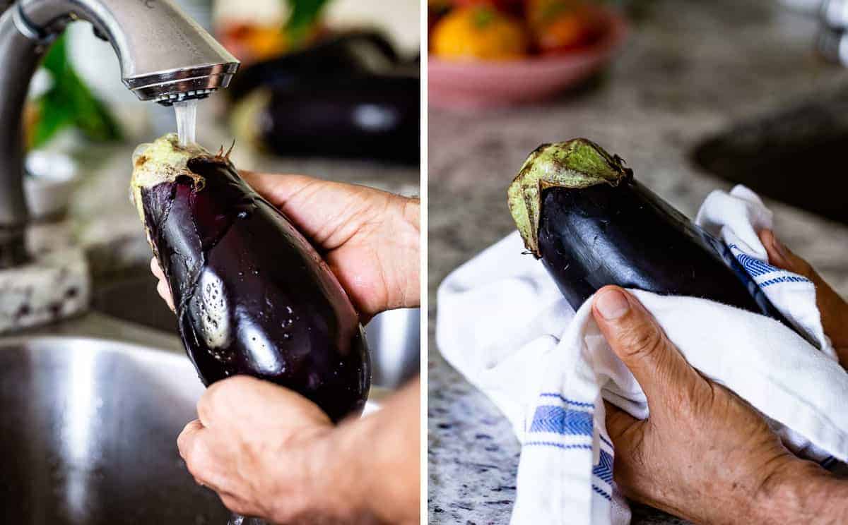 A man washing and drying eggplants