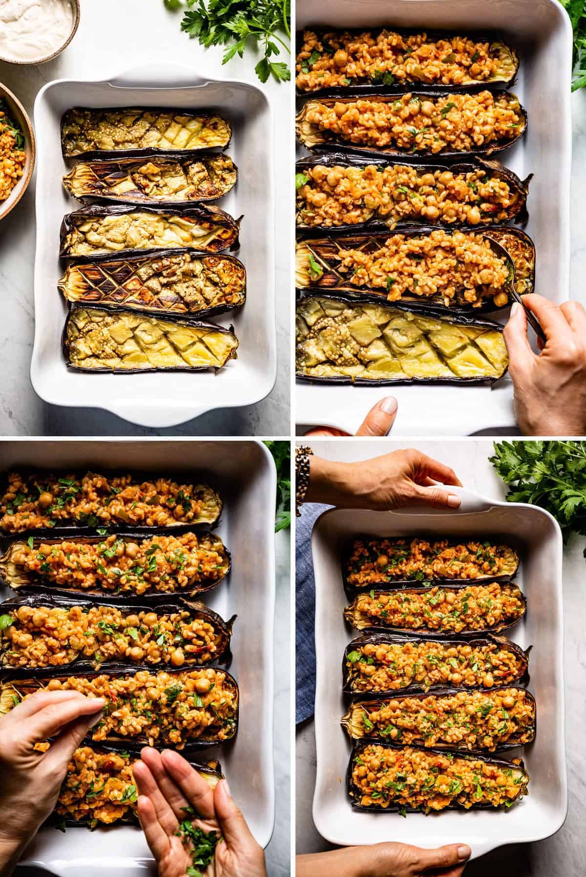 Person showing How To Make Stuffed Eggplant in four images