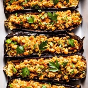 Vegetarian Stuffed Aubergines in a baking dish from the top view