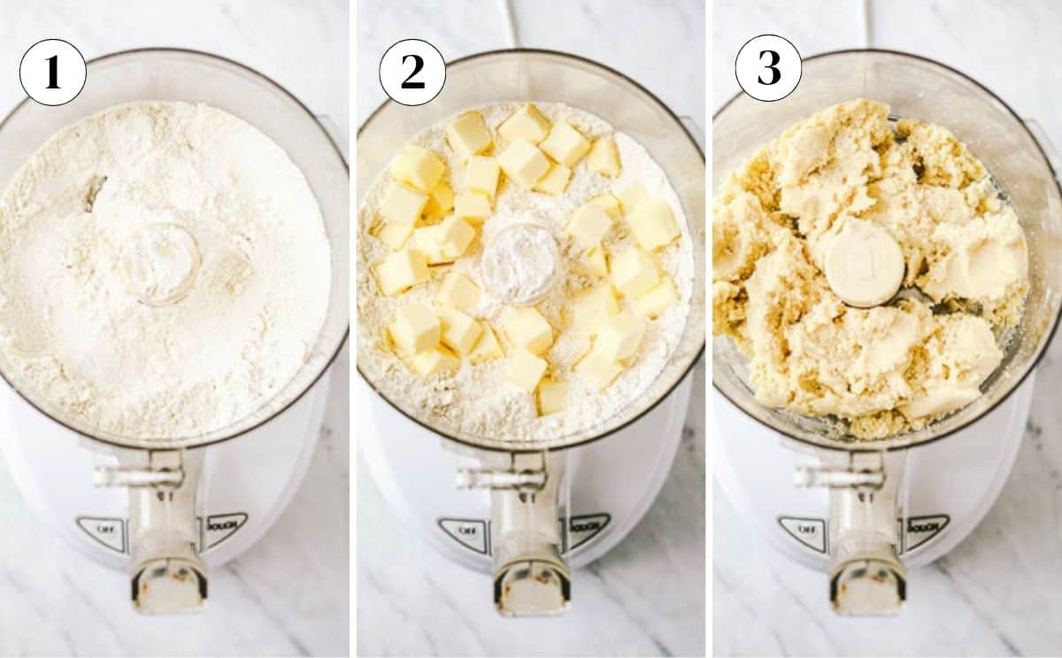 Three steps of making galette dough in a food processor: flour, then cubed butter added, then the mixture pulsed to coarse crumbs.