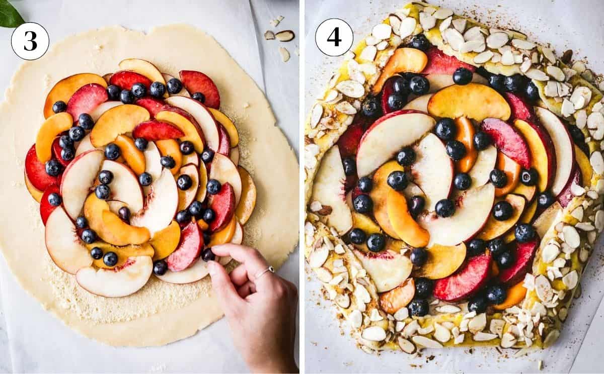Arranging sliced peaches, plums and blueberries on the dough, then the finished peach blueberry galette baked with toasted sliced almonds.