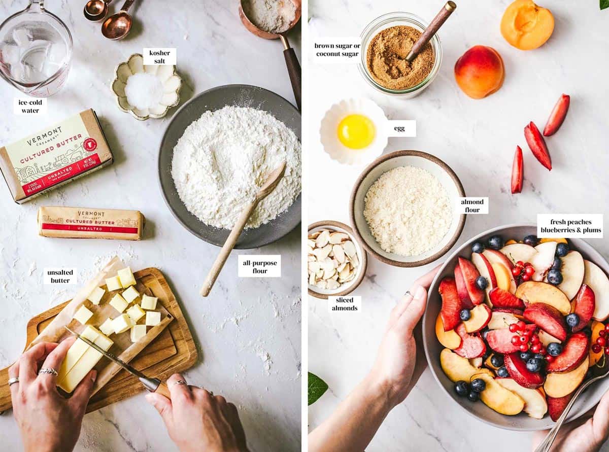 The galette dough and filling ingredients are laid out with text on each ingredient in two photos side by side.