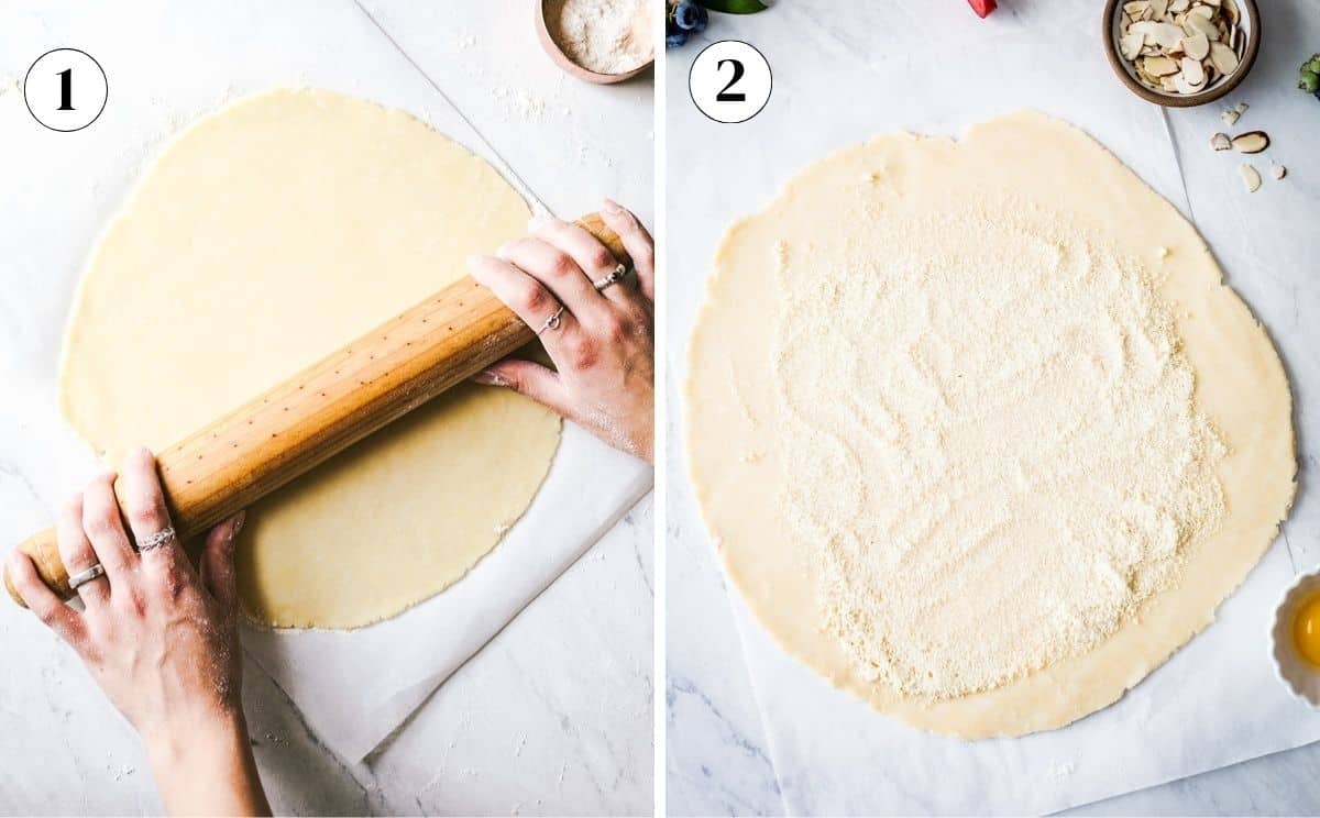 Rolling the chilled dough into a circle, then spreading almond flour over it and leaving a clear border.