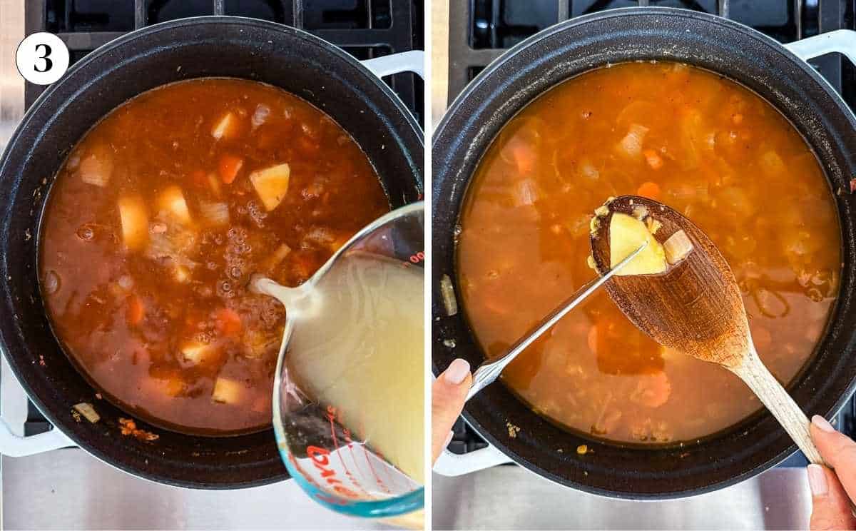 A side by side process photo: (Step 3) pouring vegetable broth into a pot with red lentils and vegetables, and (Step 4) using a wooden spoon to check if a potato chunk is fork tender in the simmering soup.