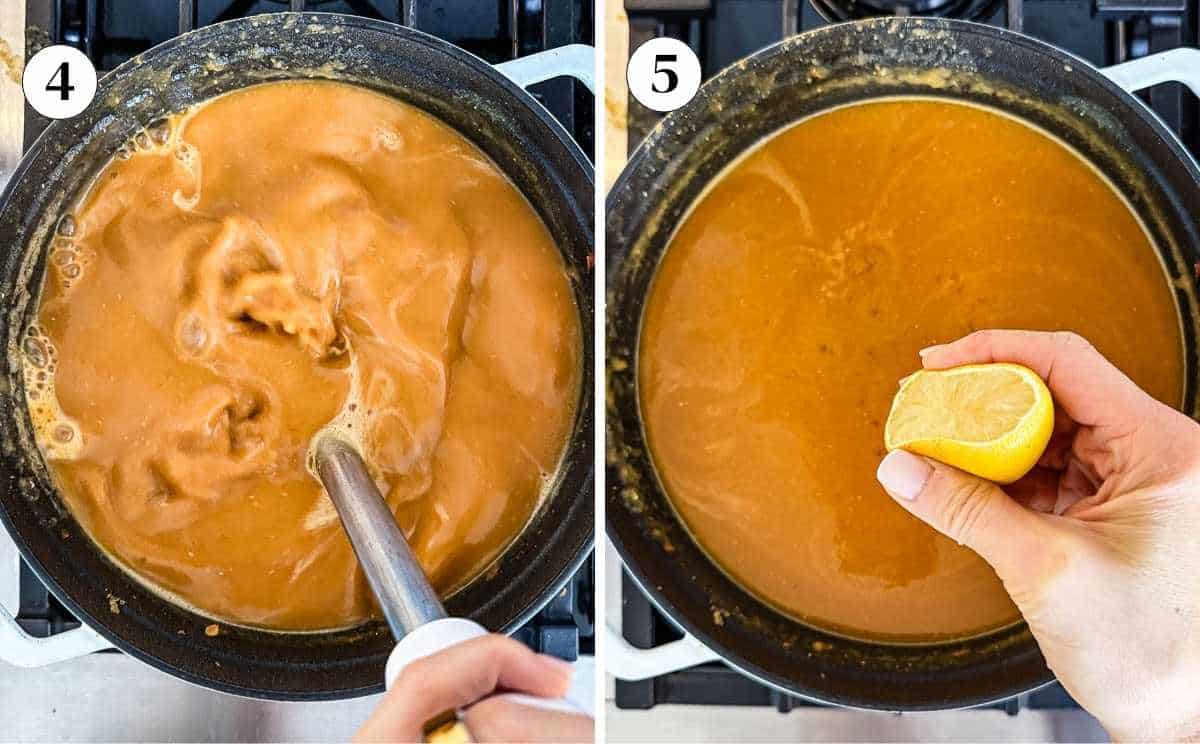 A collage of two process photos: (step 4) using an immersion blender to puree the cooked lentil soup until smooth and creamy, and (step 5)squeezing fresh lemon juice into the blended soup for a bright finish.